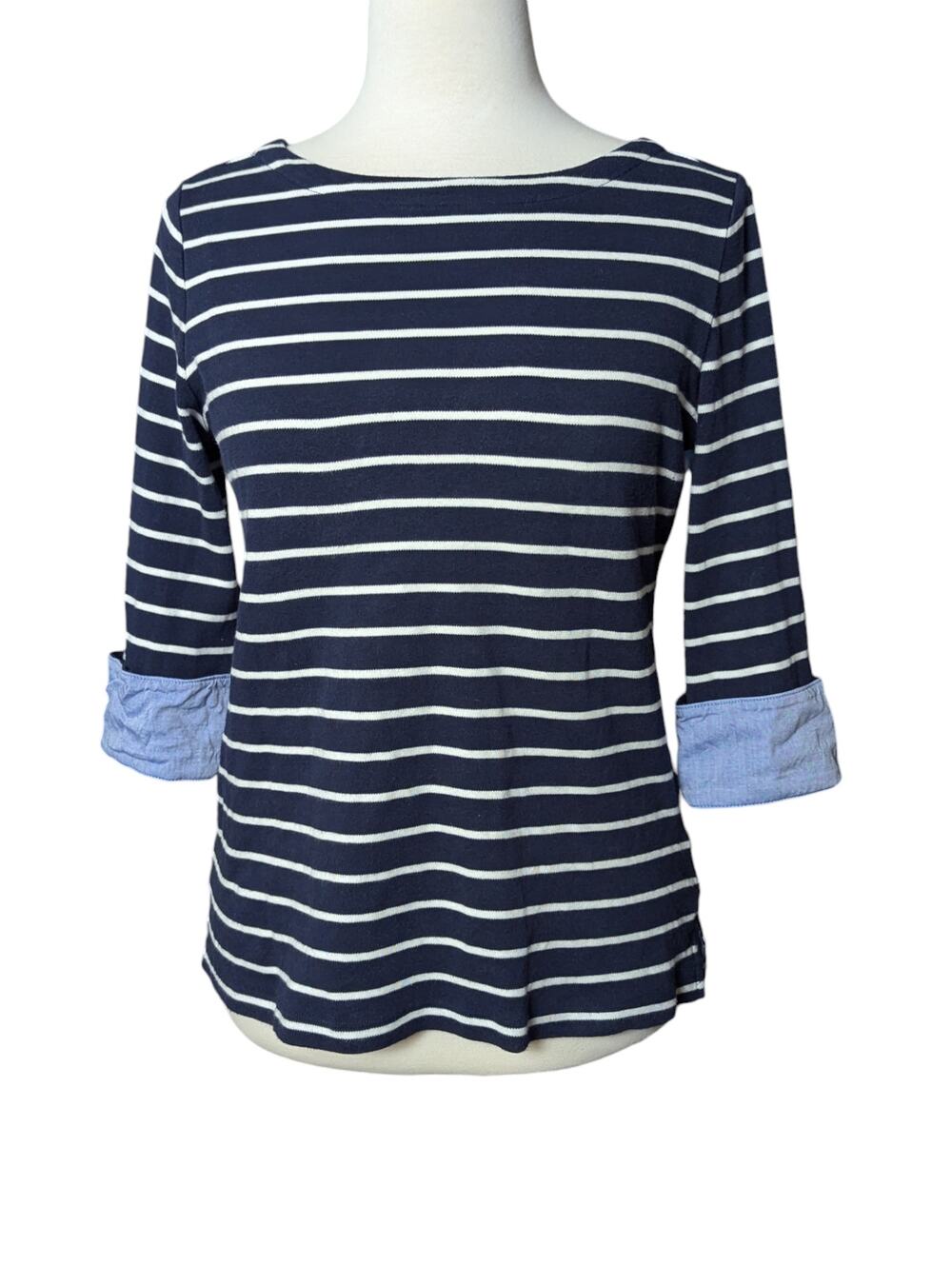 Nautica Women's Small Navy Striped Boat Neck Top Cotton 3/4 Cuffed Sleeves
